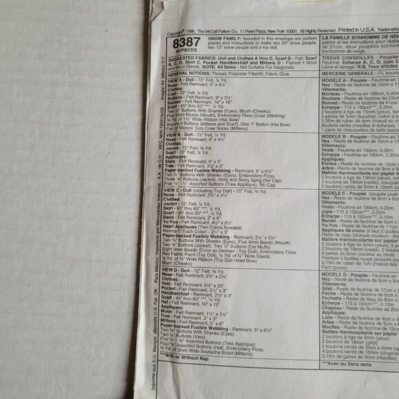 Snowman family dolls Christmas decorations McCall's Crafts uncut sewing pattern - Picture 3 of 7